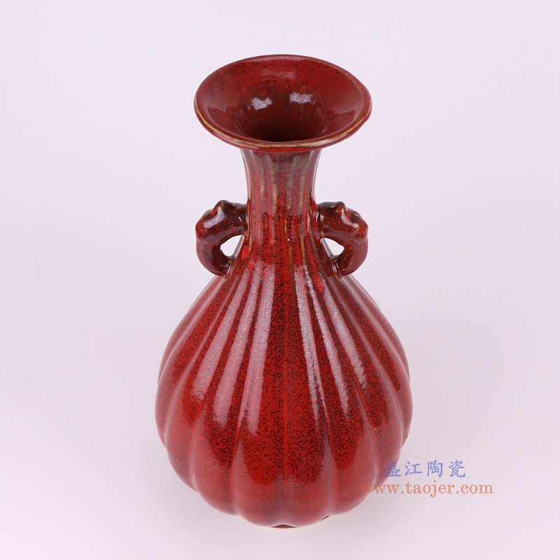 紅釉象耳玉壶春瓶,产品编号:RZSC46 产品尺寸(单位cm): 高35.7直径19.3口径底径11.5重量2KG