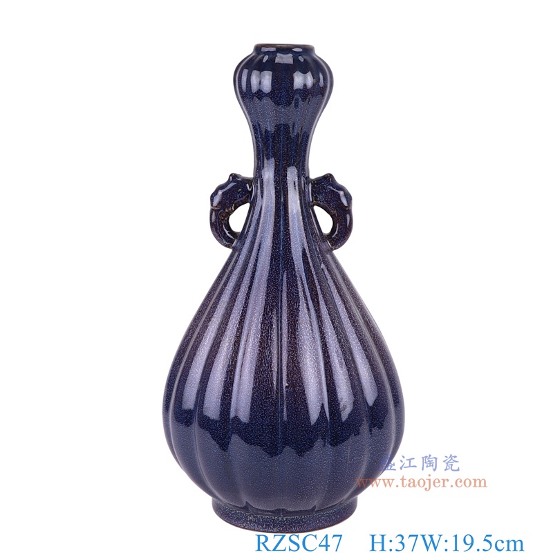 霁蓝象耳蒜头瓶,产品编号:RZSC47 产品尺寸(单位cm): 高37直径19.5口径底径11.6重量2KG