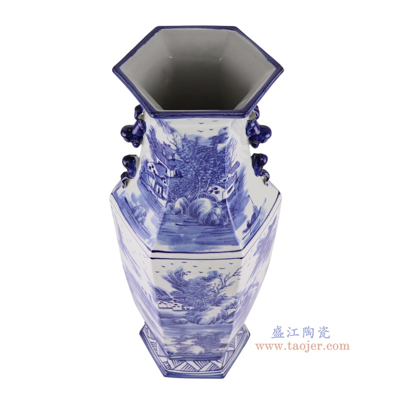 青花山水六方瓶,产品编号:RZSC49 产品尺寸(单位cm): 高56.5直径22口径底径18.8重量5.7KG