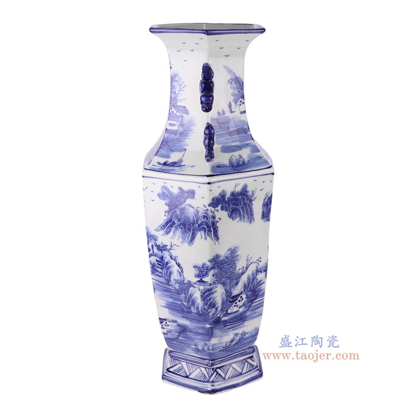 青花山水六方瓶,产品编号:RZSC49 产品尺寸(单位cm): 高56.5直径22口径底径18.8重量5.7KG