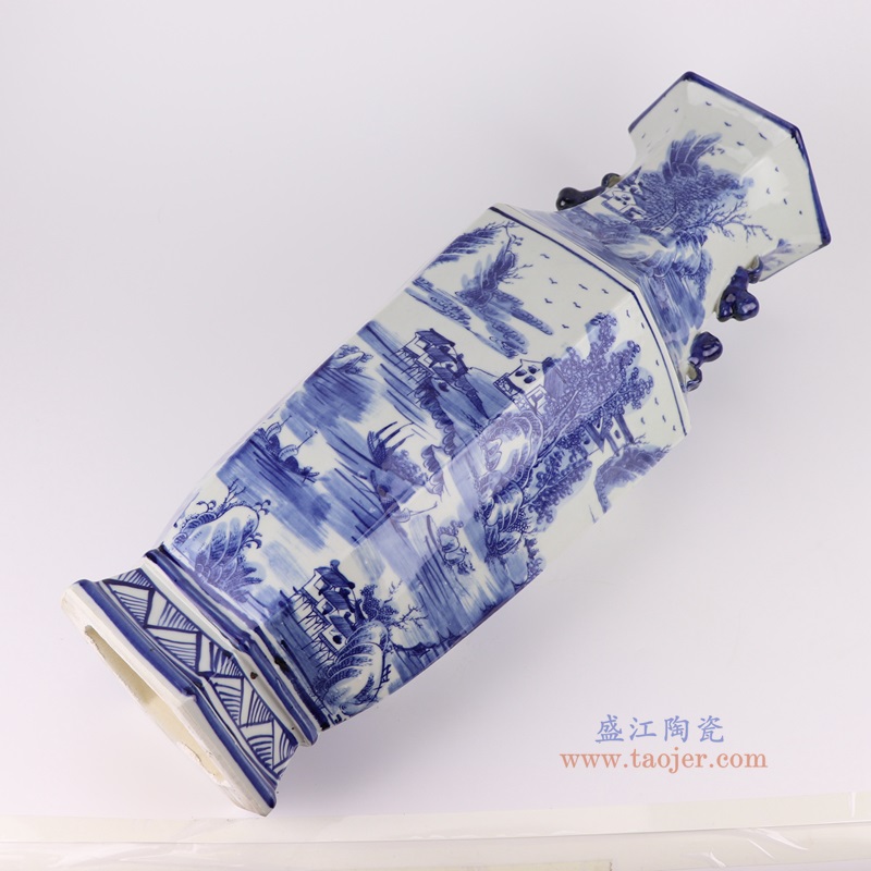 青花山水六方瓶,产品编号:RZSC49 产品尺寸(单位cm): 高56.5直径22口径底径18.8重量5.7KG