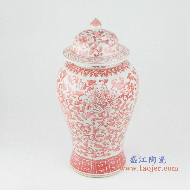 釉里红缠枝莲将军罐,产品编号:RZSI13 产品尺寸(单位cm): 高45直径22口径底径17重量3.8KG