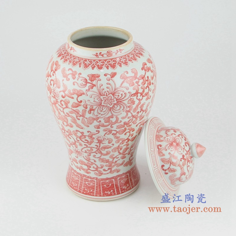 釉里红缠枝莲将军罐,产品编号:RZSI13 产品尺寸(单位cm): 高45直径22口径底径17重量3.8KG