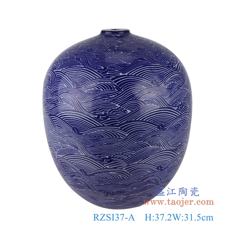 蓝底海浪海水纹冬瓜罐灯具,产品编号:RZSI37-A 产品尺寸(单位cm): 高37.2直径31.5口径6底径15重量5.65KG