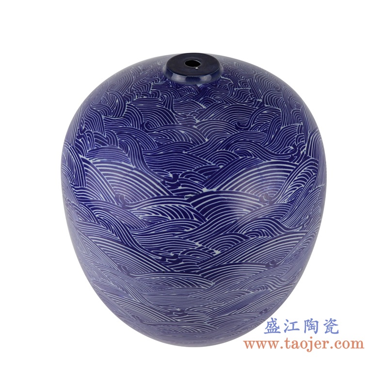 蓝底海浪海水纹冬瓜罐灯具,产品编号:RZSI37-A 产品尺寸(单位cm): 高37.2直径31.5口径6底径15重量5.65KG