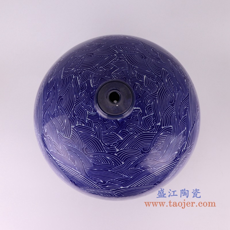 蓝底海浪海水纹冬瓜罐灯具,产品编号:RZSI37-A 产品尺寸(单位cm): 高37.2直径31.5口径6底径15重量5.65KG