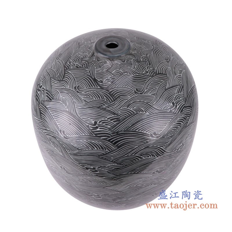黑底海浪海水纹冬瓜罐灯具,产品编号:RZSI37-B 产品尺寸(单位cm): 高37.2直径31.5口径6底径15重量5.65KG