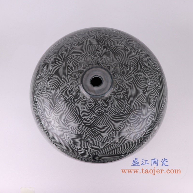 黑底海浪海水纹冬瓜罐灯具,产品编号:RZSI37-B 产品尺寸(单位cm): 高37.2直径31.5口径6底径15重量5.65KG
