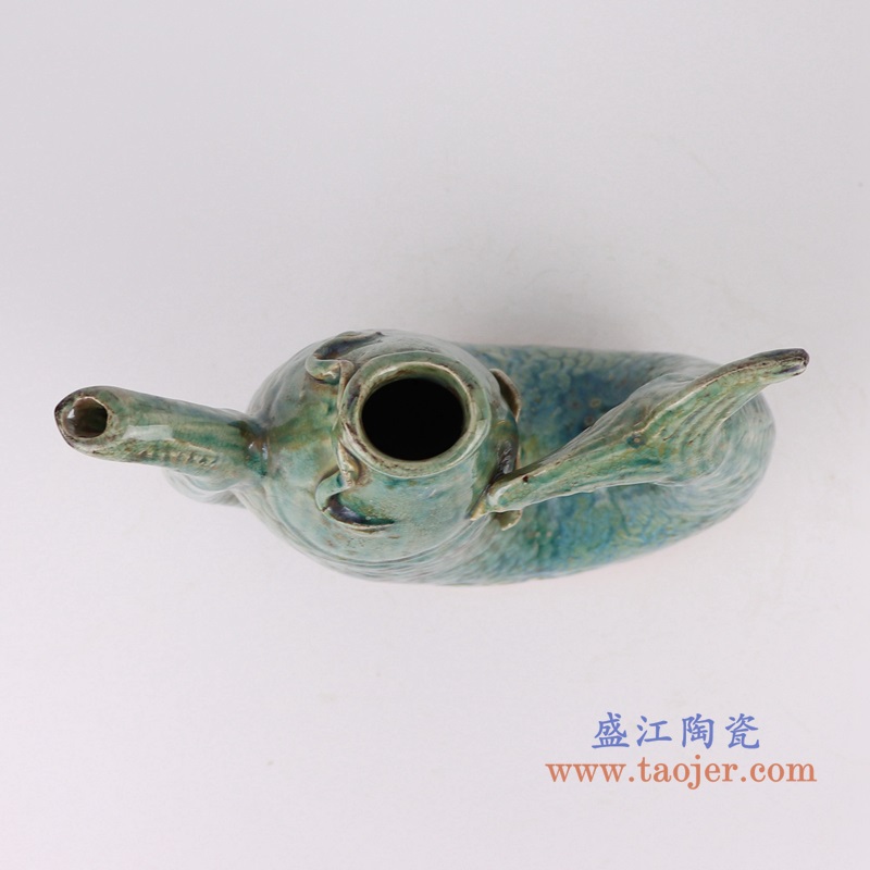 窑变绿釉鲤鱼形状壶,产品编号:RZSP36 产品尺寸(单位cm): 高22直径18.9口径6.4底径重量1.5KG