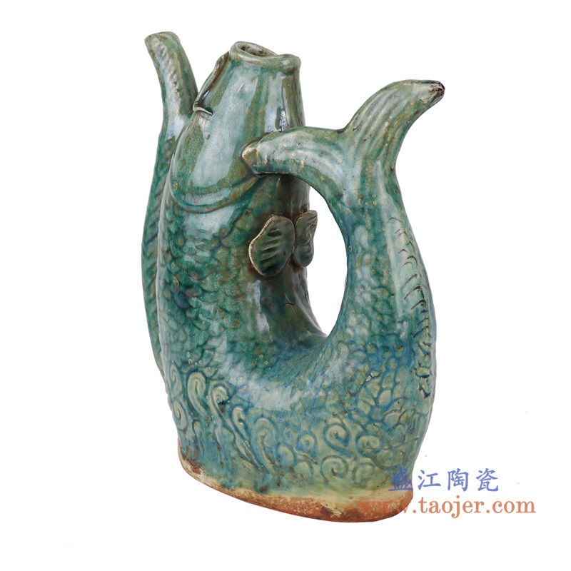 窑变绿釉鲤鱼形状壶,产品编号:RZSP36 产品尺寸(单位cm): 高22直径18.9口径6.4底径重量1.5KG