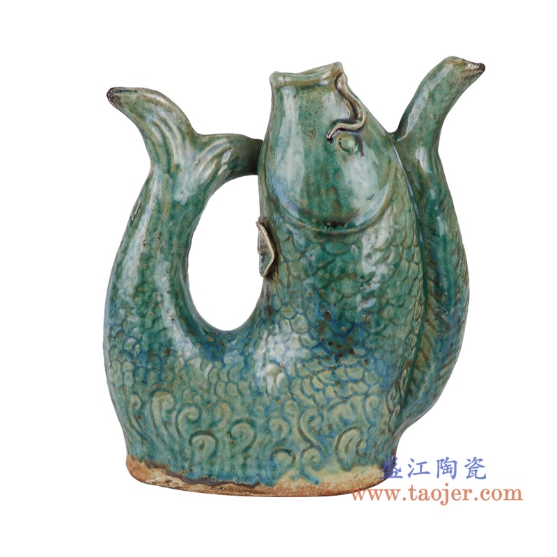 窑变绿釉鲤鱼形状壶,产品编号:RZSP36 产品尺寸(单位cm): 高22直径18.9口径6.4底径重量1.5KG