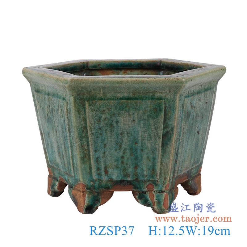 窑变绿釉六方花盆香炉,产品编号:RZSP37 产品尺寸(单位cm): 高12.5直径19口径11.2底径重量KG