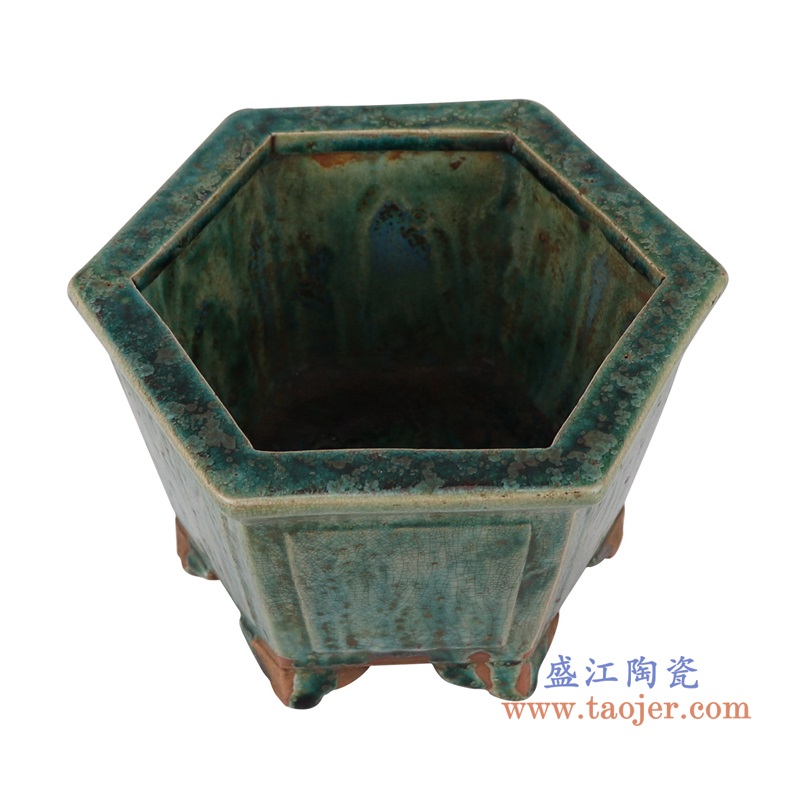 窑变绿釉六方花盆香炉,产品编号:RZSP37 产品尺寸(单位cm): 高12.5直径19口径11.2底径重量KG