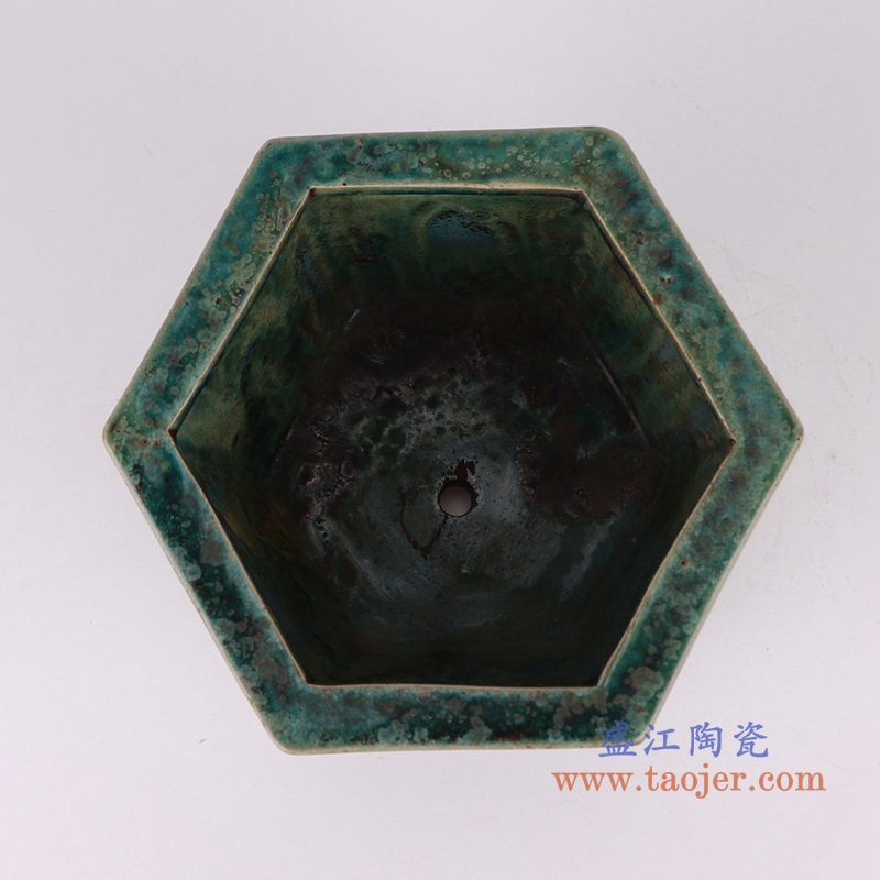 窑变绿釉六方花盆香炉,产品编号:RZSP37 产品尺寸(单位cm): 高12.5直径19口径11.2底径重量KG