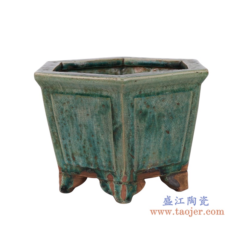 窑变绿釉六方花盆香炉,产品编号:RZSP37 产品尺寸(单位cm): 高12.5直径19口径11.2底径重量KG