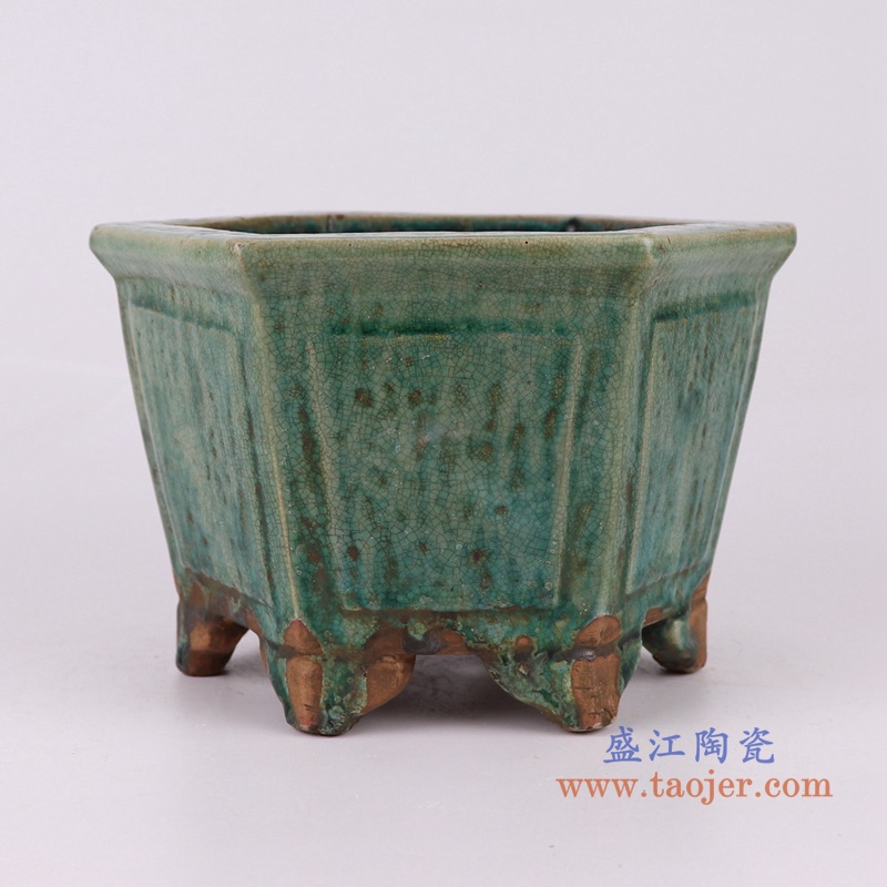 窑变绿釉六方花盆香炉,产品编号:RZSP37 产品尺寸(单位cm): 高12.5直径19口径11.2底径重量KG