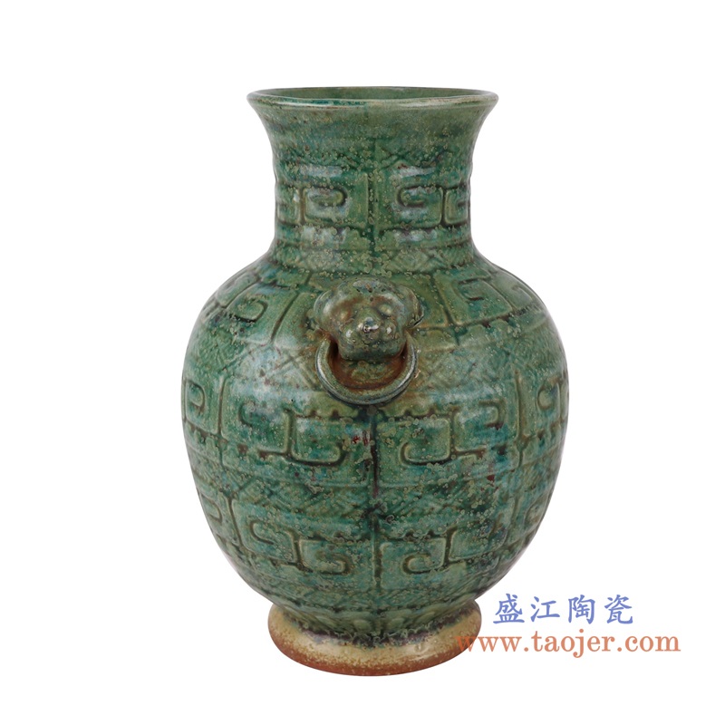 窑变连年有雕刻狮子头回纹花瓶,产品编号:RZSP38 产品尺寸(单位cm): 高27.7直径19.3口径11.2底径11重量2.3KG