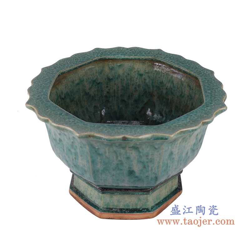 窑变绿釉花口八方花盆,产品编号:RZSP41 产品尺寸(单位cm): 高23直径27.6口径11.2底径重量5.5KG