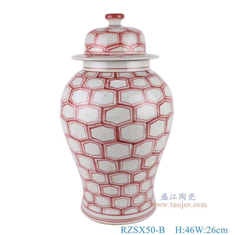 仿古釉里红六边几何图形将军罐，产品编号：RZSX50-B       产品尺寸(单位cm):  高46直径26口径底径18.3重量6.35KG