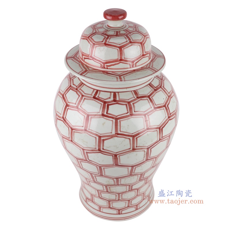 仿古釉里红六边几何图形将军罐,产品编号:RZSX50-B 产品尺寸(单位cm): 高46直径26口径底径18.3重量6.35KG