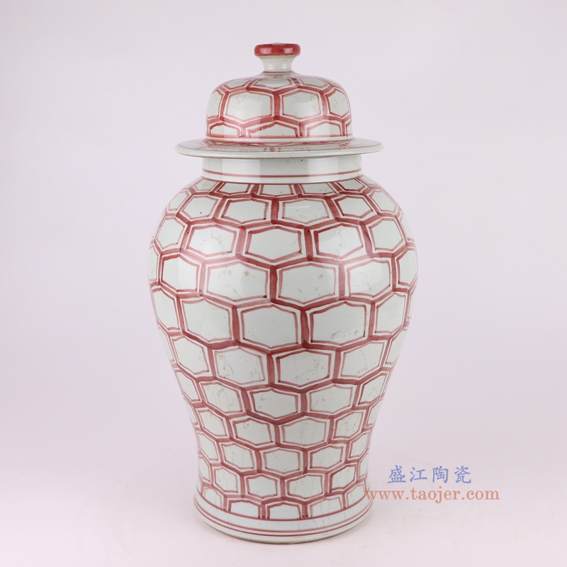 仿古釉里红六边几何图形将军罐,产品编号:RZSX50-B 产品尺寸(单位cm): 高46直径26口径底径18.3重量6.35KG