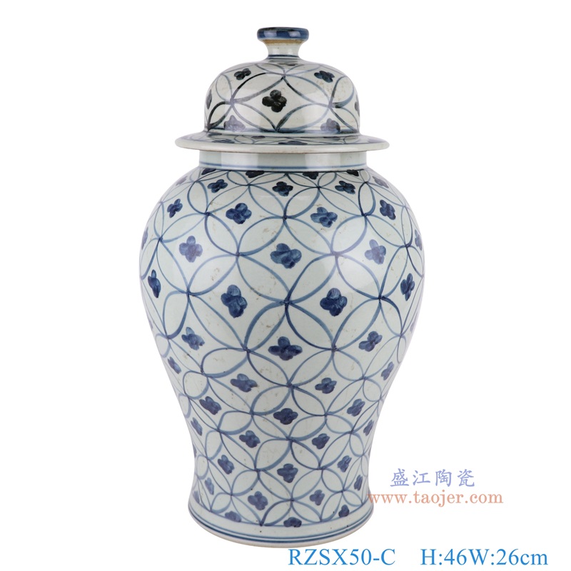 仿古青花几何图形铜钱纹将军罐,产品编号:RZSX50-C 产品尺寸(单位cm): 高46直径26口径底径18.3重量6.35KG