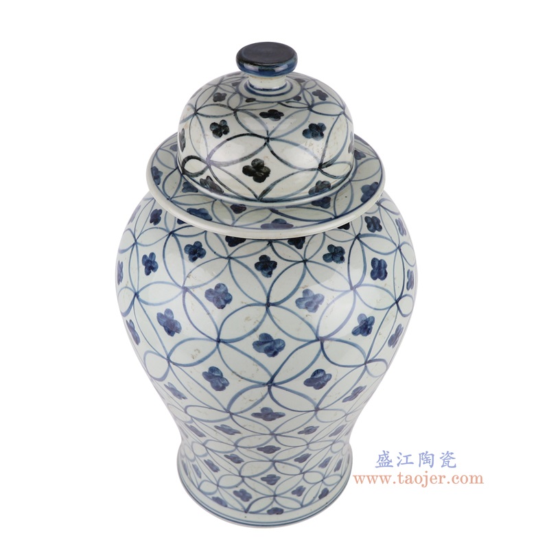 仿古青花几何图形铜钱纹将军罐,产品编号:RZSX50-C 产品尺寸(单位cm): 高46直径26口径底径18.3重量6.35KG