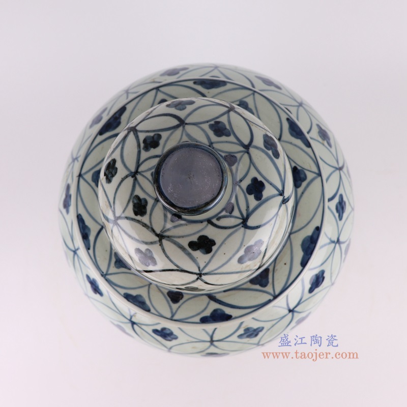 仿古青花几何图形铜钱纹将军罐,产品编号:RZSX50-C 产品尺寸(单位cm): 高46直径26口径底径18.3重量6.35KG