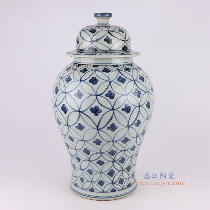 仿古青花几何图形铜钱纹将军罐,产品编号:RZSX50-C 产品尺寸(单位cm): 高46直径26口径底径18.3重量6.35KG