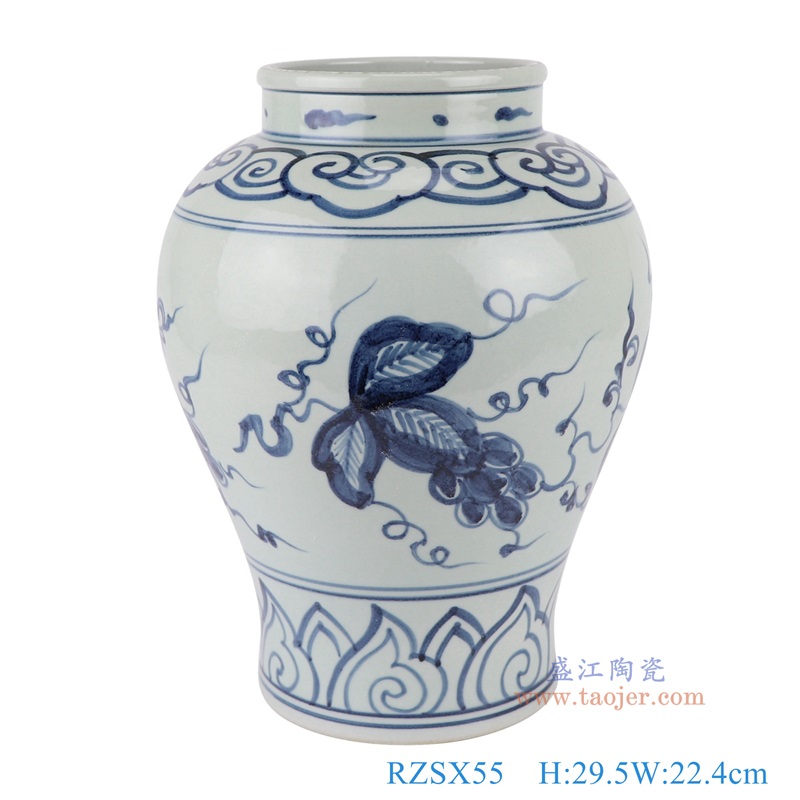 青花葡萄纹大罐,产品编号:RZSX55 产品尺寸(单位cm): 高29.5直径22.4口径底径14.5重量3.5KG