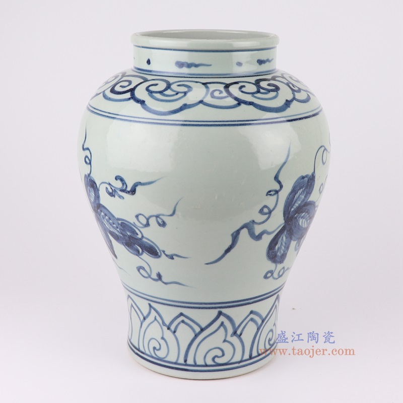 青花葡萄纹大罐,产品编号:RZSX55 产品尺寸(单位cm): 高29.5直径22.4口径底径14.5重量3.5KG