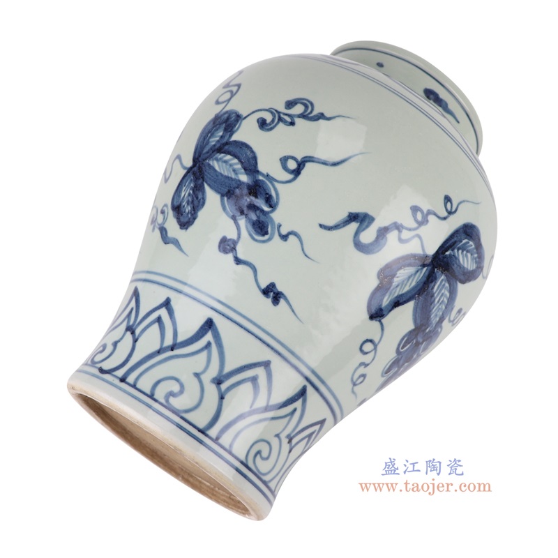 青花葡萄纹大罐,产品编号:RZSX55 产品尺寸(单位cm): 高29.5直径22.4口径底径14.5重量3.5KG