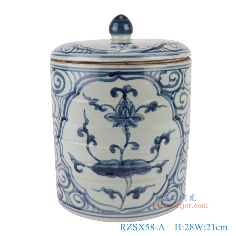 青花开窗花卉纹直筒盖罐,产品编号:RZSX58-A 产品尺寸(单位cm): 高28直径21口径底径重量5.15KG