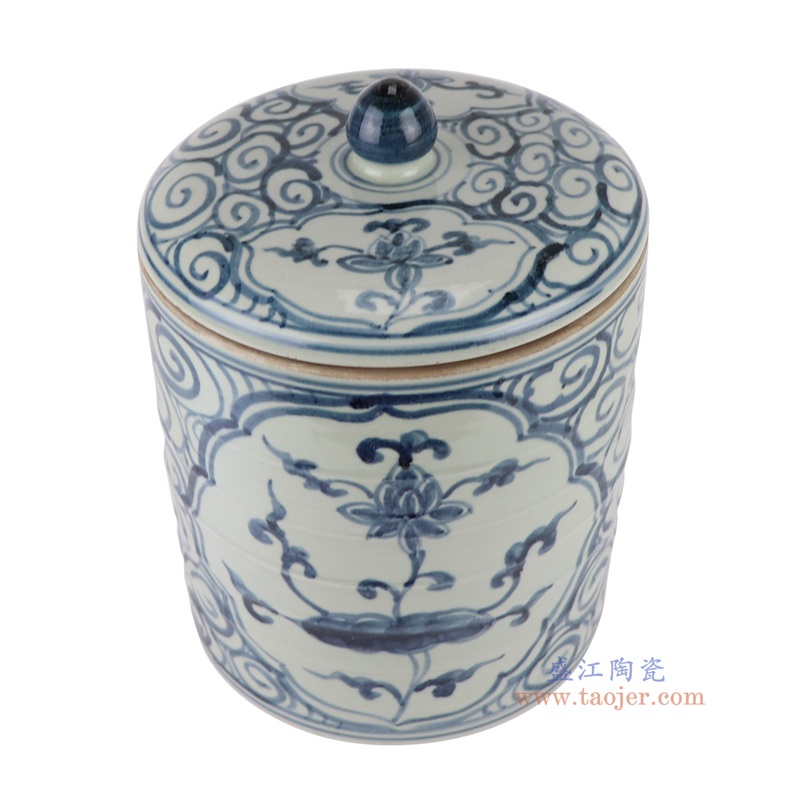 青花开窗花卉纹直筒盖罐,产品编号:RZSX58-A 产品尺寸(单位cm): 高28直径21口径底径重量5.15KG