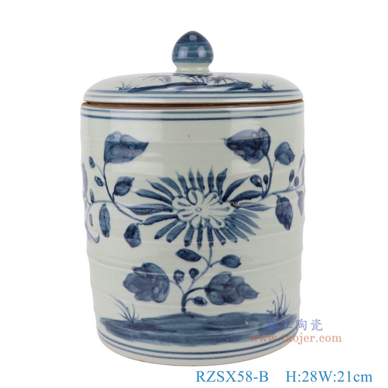 青花太阳花纹直筒盖罐,产品编号:RZSX58-B 产品尺寸(单位cm): 高28直径21口径底径重量5.15KG