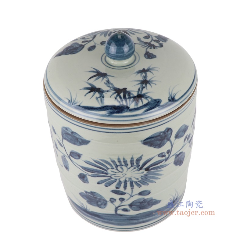 青花太阳花纹直筒盖罐,产品编号:RZSX58-B 产品尺寸(单位cm): 高28直径21口径底径重量5.15KG
