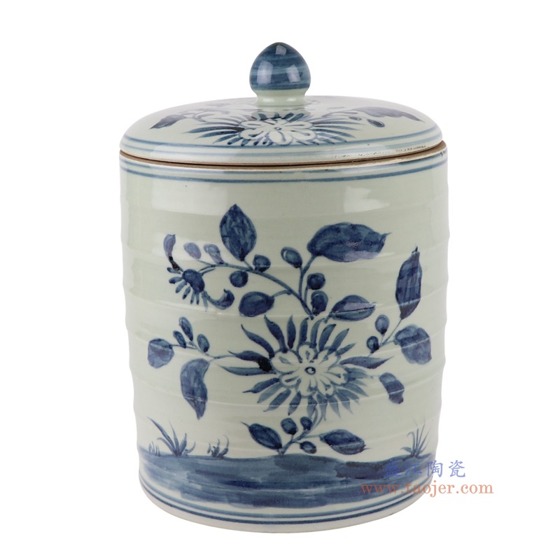 青花太阳花纹直筒盖罐,产品编号:RZSX58-B 产品尺寸(单位cm): 高28直径21口径底径重量5.15KG