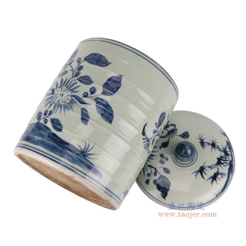 青花太阳花纹直筒盖罐,产品编号:RZSX58-B 产品尺寸(单位cm): 高28直径21口径底径重量5.15KG