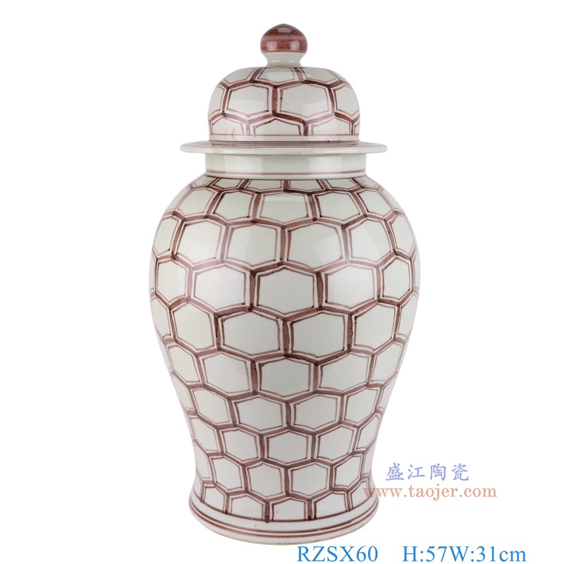 仿古洪武釉里红六边几何图形将军罐,产品编号:RZSX60 产品尺寸(单位cm): 高57直径31口径底径23.2重量10.9KG