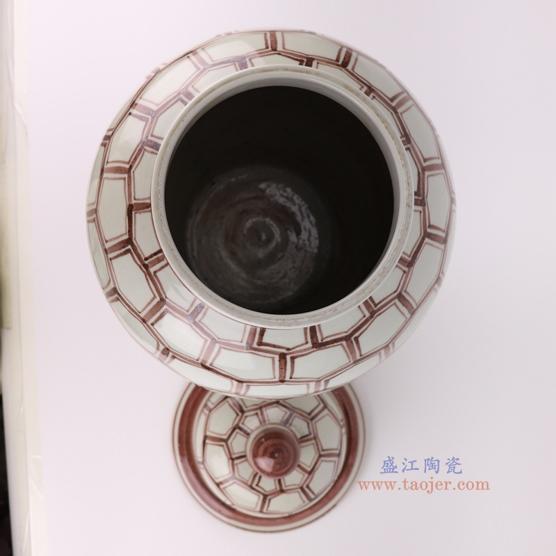 仿古洪武釉里红六边几何图形将军罐,产品编号:RZSX60 产品尺寸(单位cm): 高57直径31口径底径23.2重量10.9KG