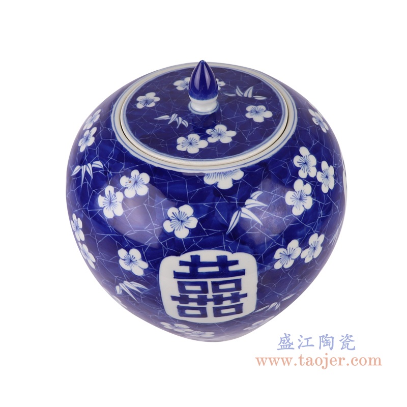 青花冰梅喜字纹西瓜罐,产品编号:RZUL06 产品尺寸(单位cm): 高23.4直径21.8口径15底径11.9重量2.45KG