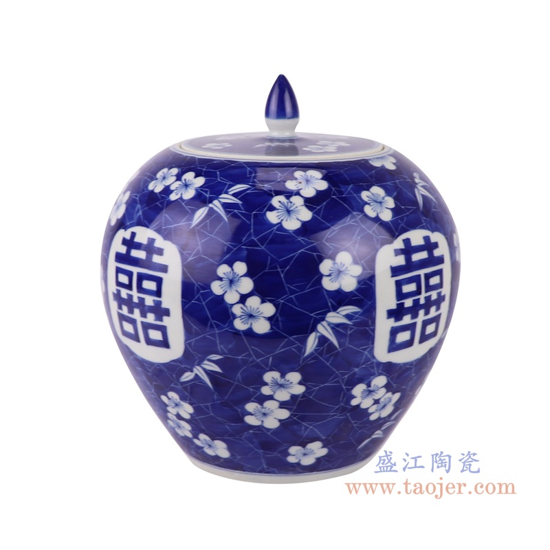 青花冰梅喜字纹西瓜罐,产品编号:RZUL06 产品尺寸(单位cm): 高23.4直径21.8口径15底径11.9重量2.45KG