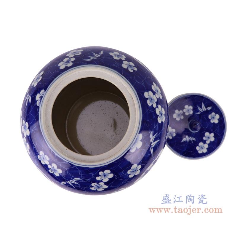 青花冰梅喜字纹西瓜罐,产品编号:RZUL06 产品尺寸(单位cm): 高23.4直径21.8口径15底径11.9重量2.45KG