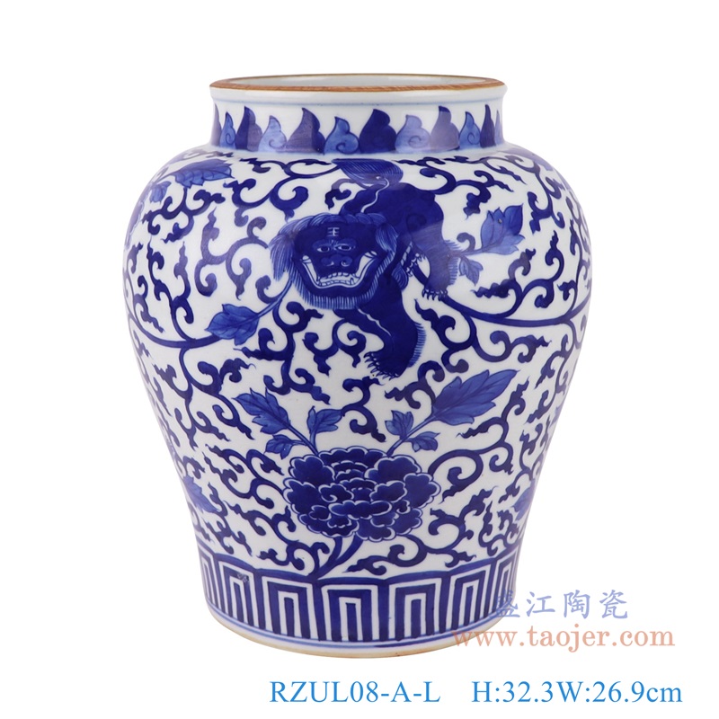 青花缠枝牡丹狮子纹罐子大号,产品编号:RZUL08-A-L 产品尺寸(单位cm): 高32.3直径26.9口径底径20.2重量5.35KG