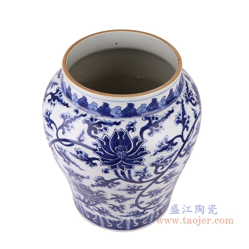 青花缠枝莲纹罐子大号,产品编号:RZUL08-B-L 产品尺寸(单位cm): 高32.3直径26.9口径14.8底径20.2重量5.35KG