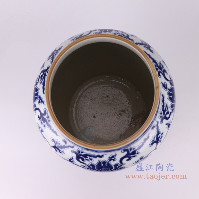 青花缠枝莲纹罐子大号,产品编号:RZUL08-B-L 产品尺寸(单位cm): 高32.3直径26.9口径14.8底径20.2重量5.35KG