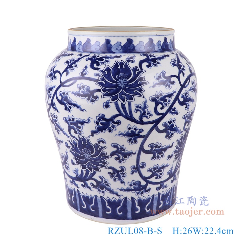 青花缠枝莲纹罐子小号,产品编号:RZUL08-B-S 产品尺寸(单位cm): 高26直径22.4口径12.8底径15.2重量2.8KG