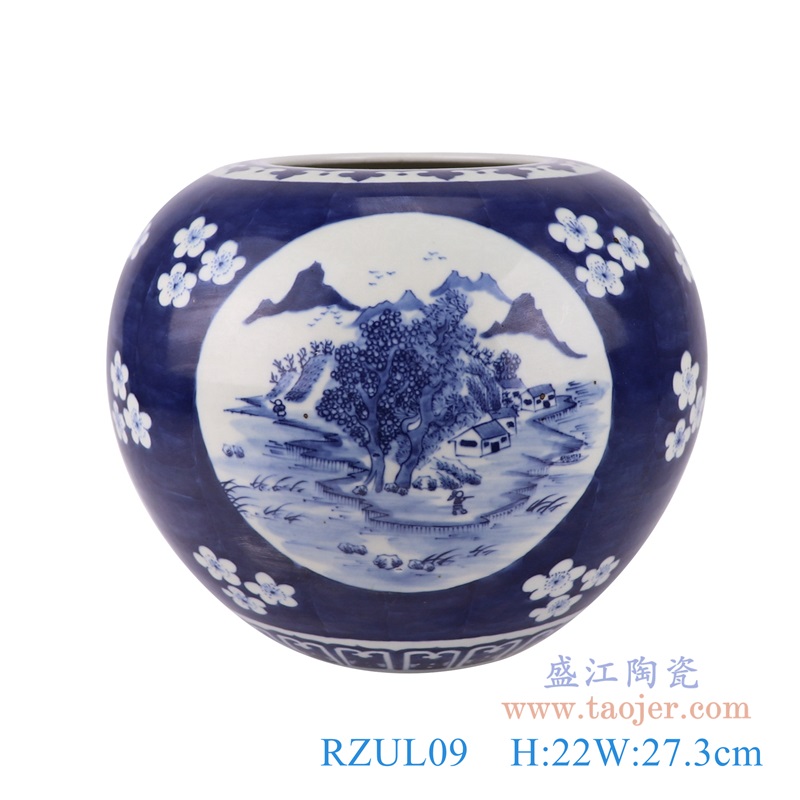 青花冰梅开窗山水苹果罐,产品编号:RZUL09 产品尺寸(单位cm): 高22直径27.3口径19.2底径12.8重量2.75KG
