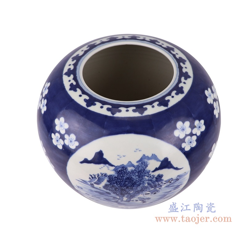 青花冰梅开窗山水苹果罐,产品编号:RZUL09 产品尺寸(单位cm): 高22直径27.3口径19.2底径12.8重量2.75KG