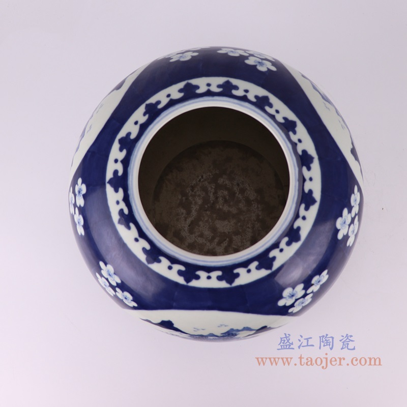 青花冰梅开窗山水苹果罐,产品编号:RZUL09 产品尺寸(单位cm): 高22直径27.3口径19.2底径12.8重量2.75KG